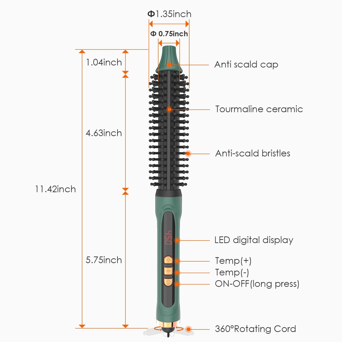 BANGMENG 3/4 Inch Barrel Thermal Round Brush, Volume Heat Styling Brush for Men and Women Medium Thin Curly Straight Hair, Heated Curling Iron,12 Temperature Setting (1.35 Inch with Bristles)