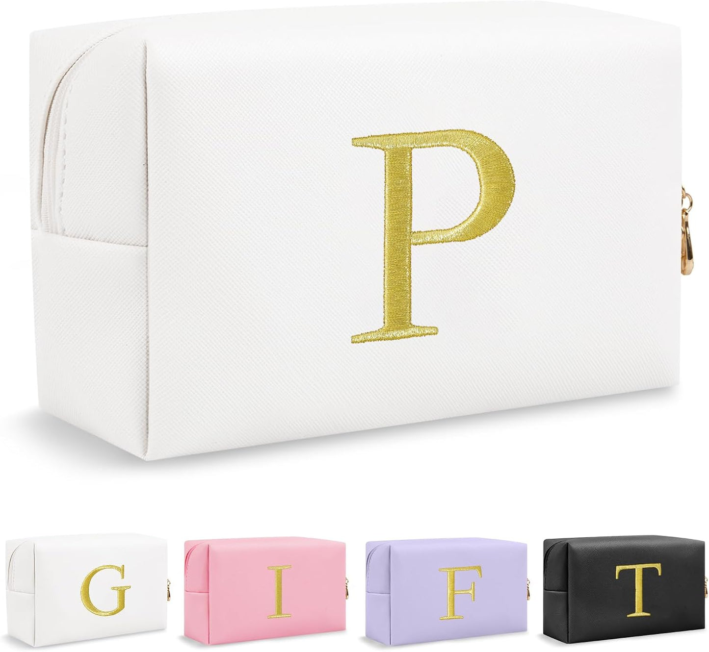 Personalized Initial Makeup Bag - Gold Embroidered Cosmetic Bag for Teens | Custom Travel Toiletry Bag (Black)