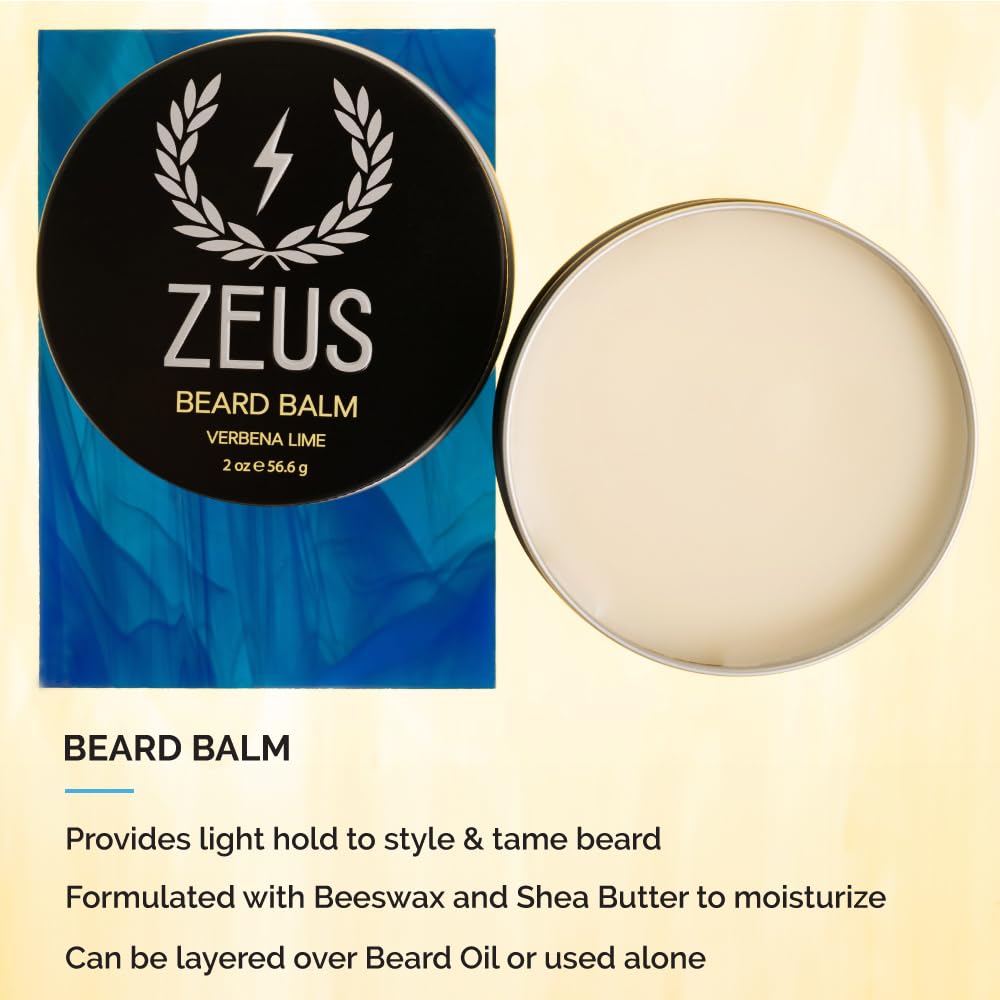 ZEUS Everyday Beard Kit for Men, Facial Hair Shampoo, Conditioner, Oil, Balm & Tin Gift Box, Premium Father's Day Beard Care & Grooming Set (Made in USA) Vanilla Rum