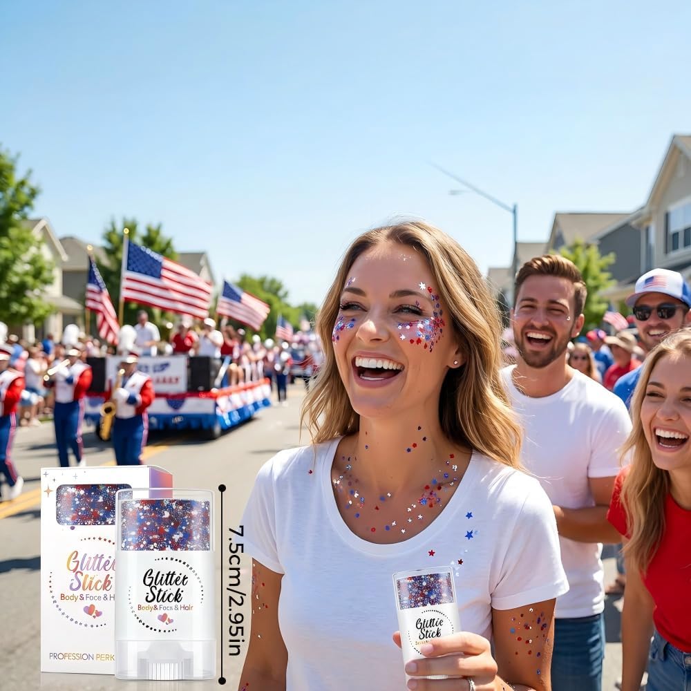 4th of July Glitter Stick - Red, White & Blue Face & Body Glitter for Patriotic Makeup | Waterproof Hair Glitter for Women