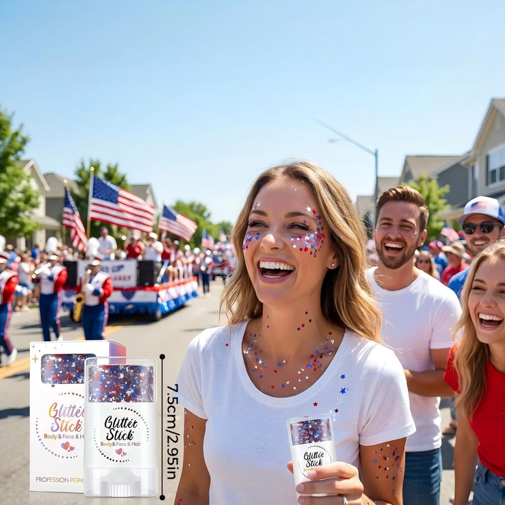 4th of July Glitter Stick Red White Blue Hair Glitter Stick,4th of July Patriotic America Flag Face Body Glitter 250th Outfits for Women,Waterproof Makeup for Football Game Accessories (3, 002)