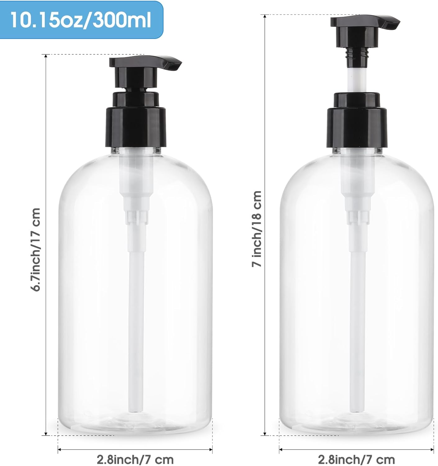 Empty Pump Bottles Dispenser - 2 Pack 300ml Clear Plastic for Essential Oils, Soap, Lotion & Shampoo