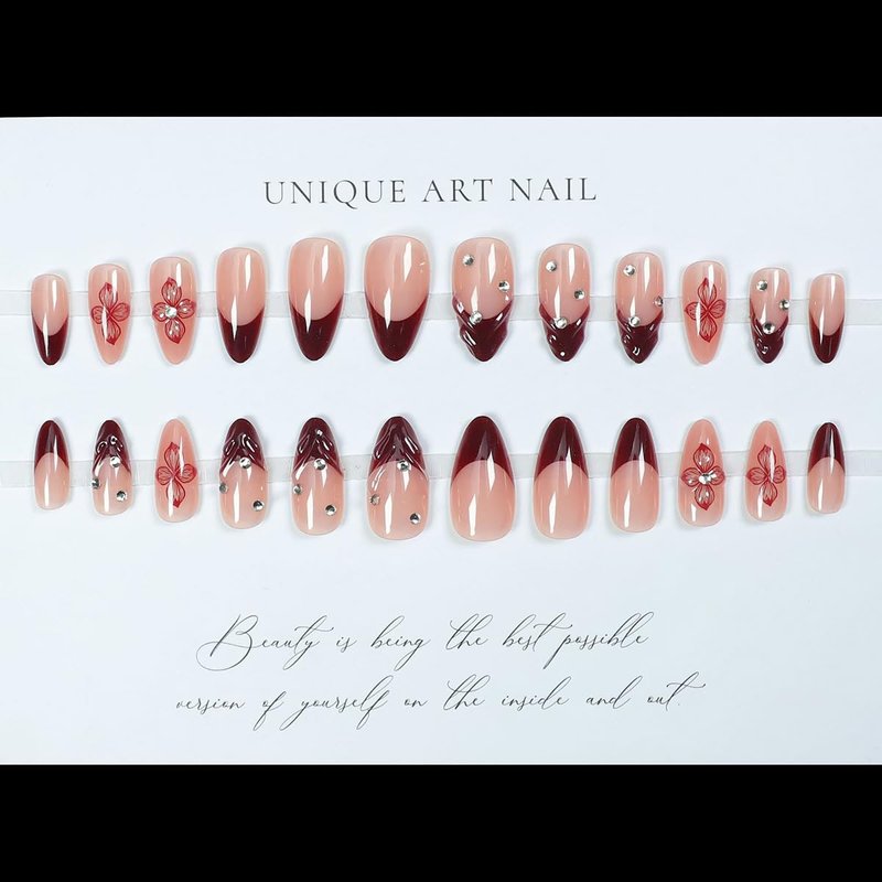 Floral Press On Nails - 24Pcs Red Almond Acrylic Nails with Rhinestones | Reusable Summer Design