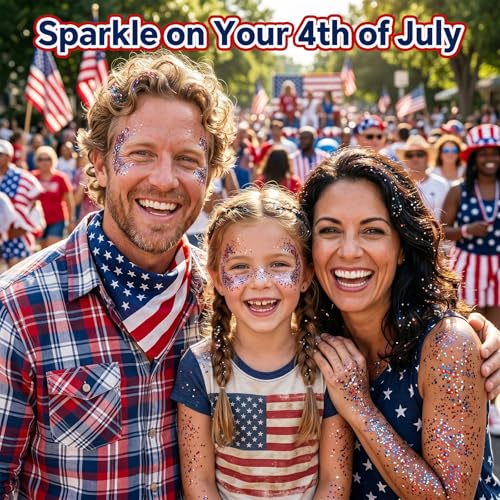 LYRADEW Patriotic Flag Body Glitter Stick for 4th of July - Red, White & Blue