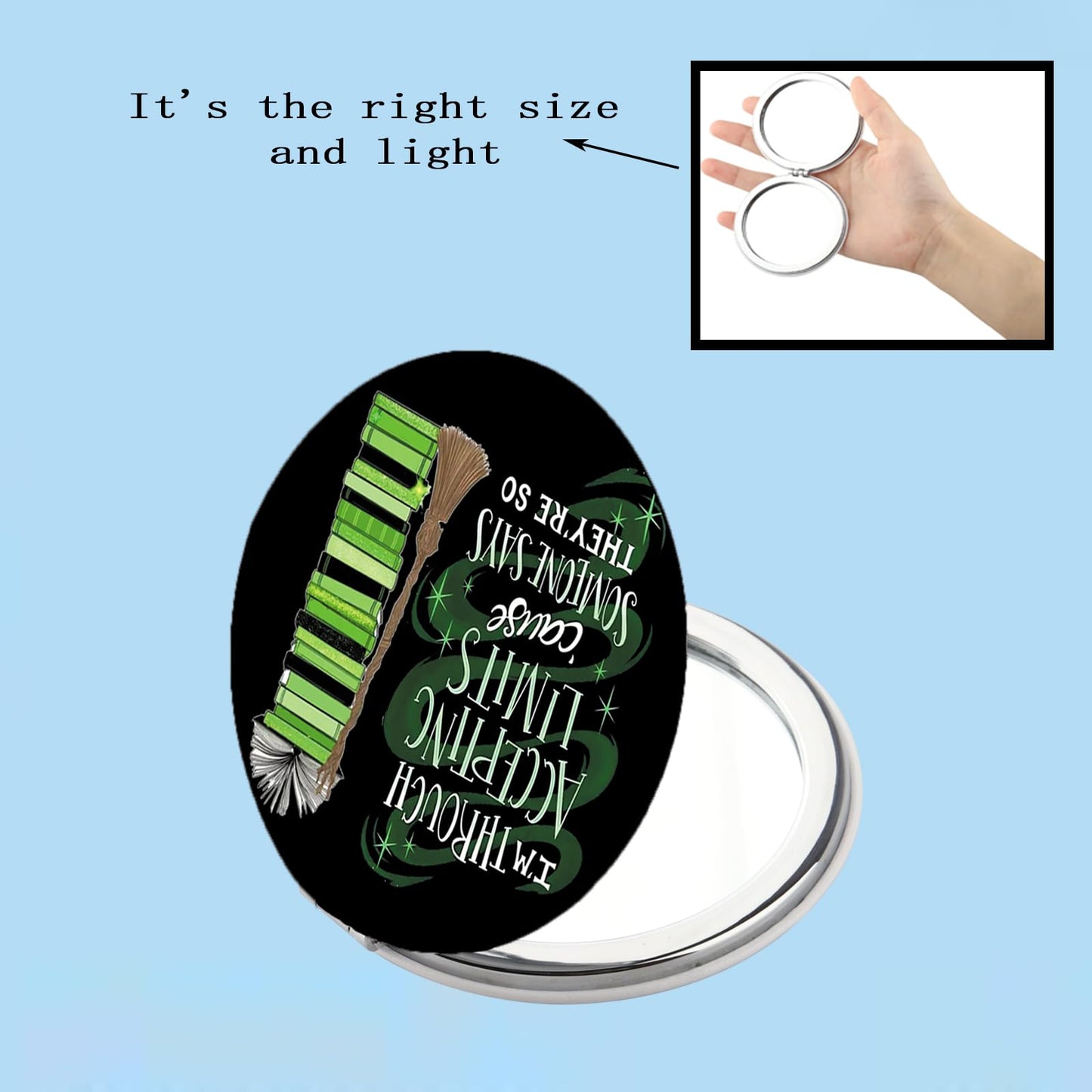BEKECH Elphaba Quote Compact Mirror I’m Through Accepting Limits Green Witch Musical Makeup Mirror Gift for Theater Fans (Black)