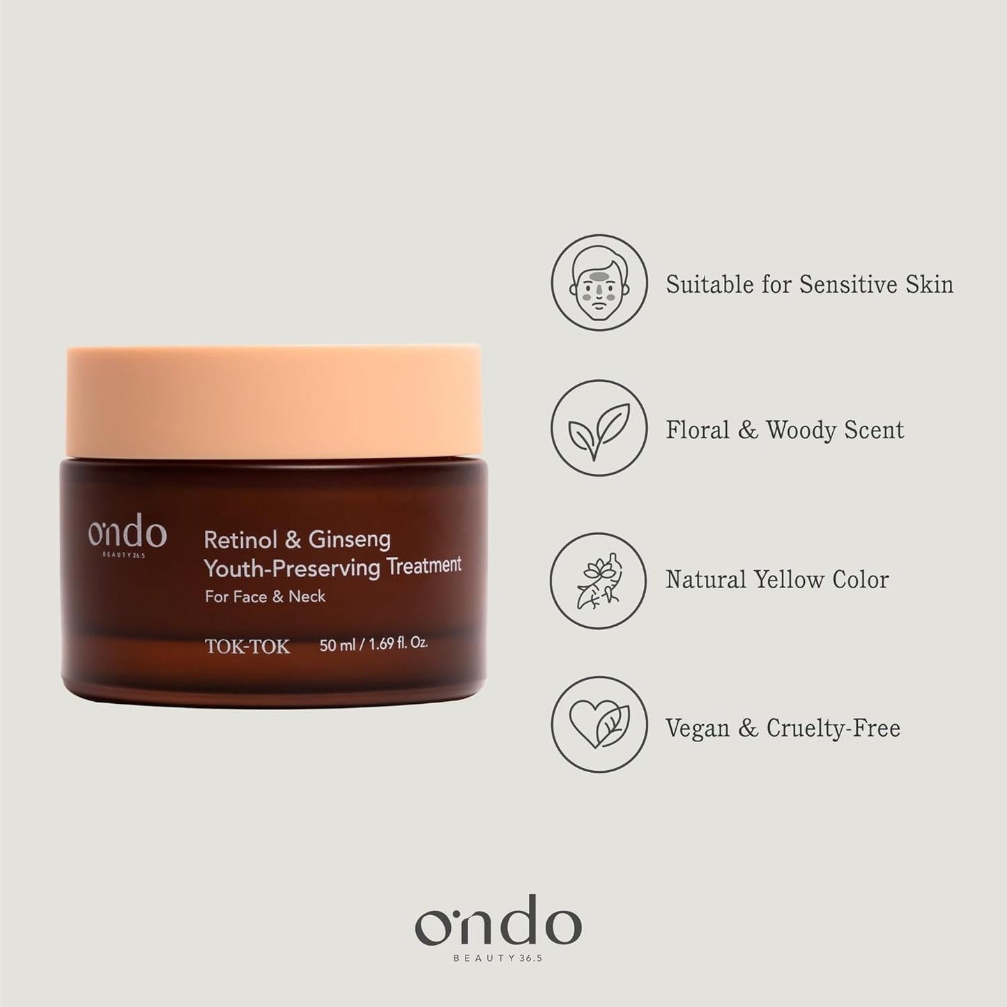 ONDO Beauty Retinol & Ginseng Youth-Preserving Treatment - Firming Vegan Cream for Smooth, Radiant Skin | 1.69 fl. oz.