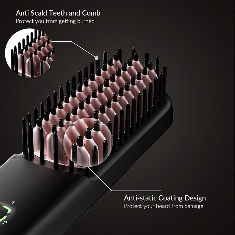 Beard Straightener for Men, Heated Beard Brush with Anti-Scald Design, Fast Straightening for Thick & Curly Beards, 5 Heat Settings Ionic Beard Comb, Travel Grooming Kit