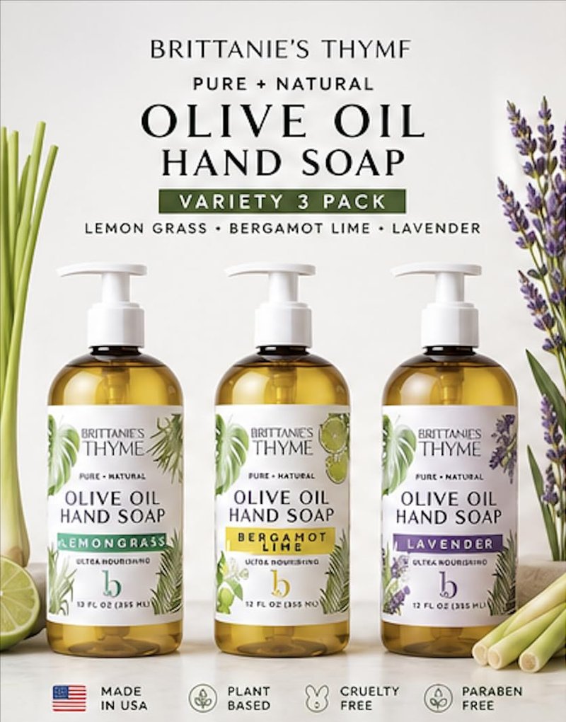 Brittanie's Pure Castile Liquid Hand Soap Refill - Bergamot, Lavender & Lemongrass | 12 Ounce Pack of 3 | Gentle Vegan Formula