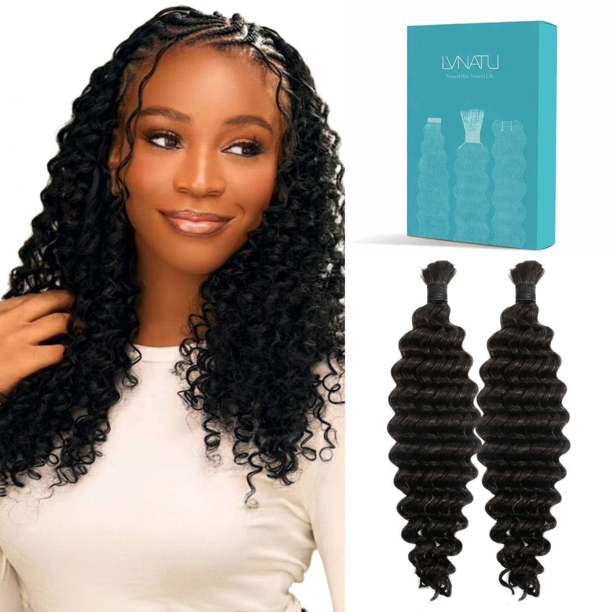 Boho Human Hair for Braiding - Deep Wave 22 Inch Jet Black, Tangle Resistant | 2 Bundles, Easy to Install