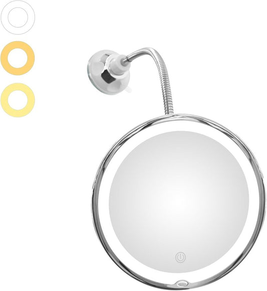 Upgraded Flexible Gooseneck LED 10X Magnifying Makeup Mirror - 3 Dimmable Lights, Suction Cup & 360° Swivel | Portable for Travel & Home