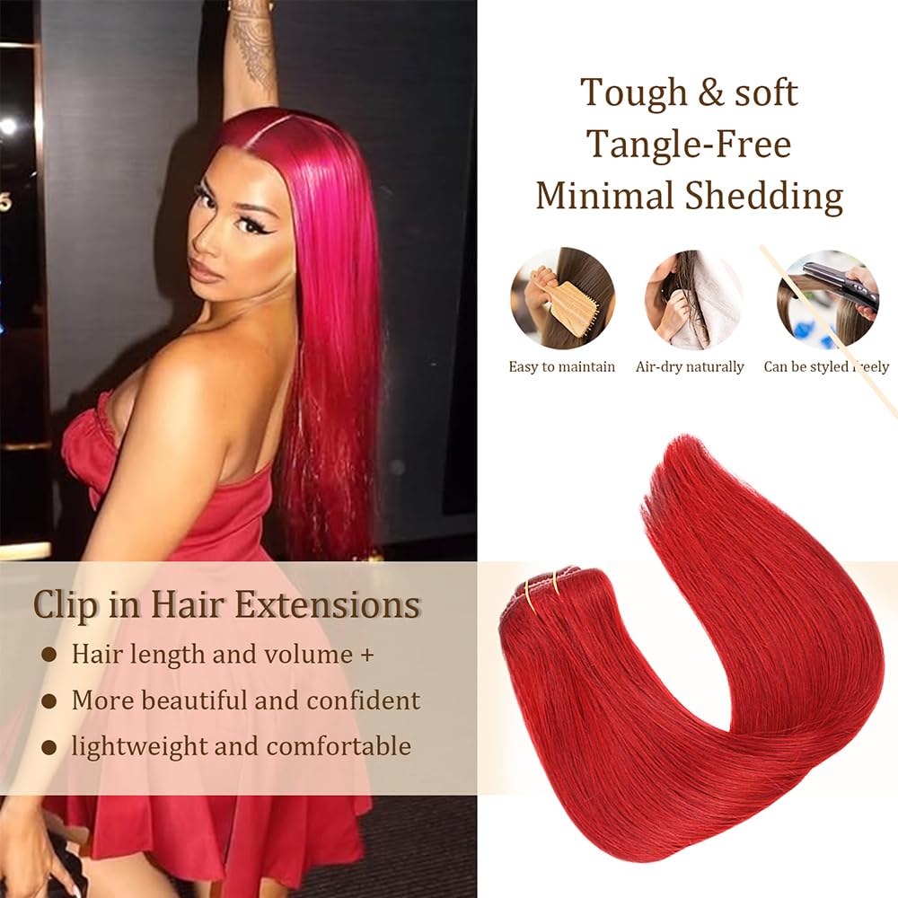 Red Clip in Hair Extensions Real Human Hair,14 Inch 120g/7Pcs,Full Shine Bright Red Hair,Wine Red Straight Clip ins Brazilian Virgin Human Hair Extensions