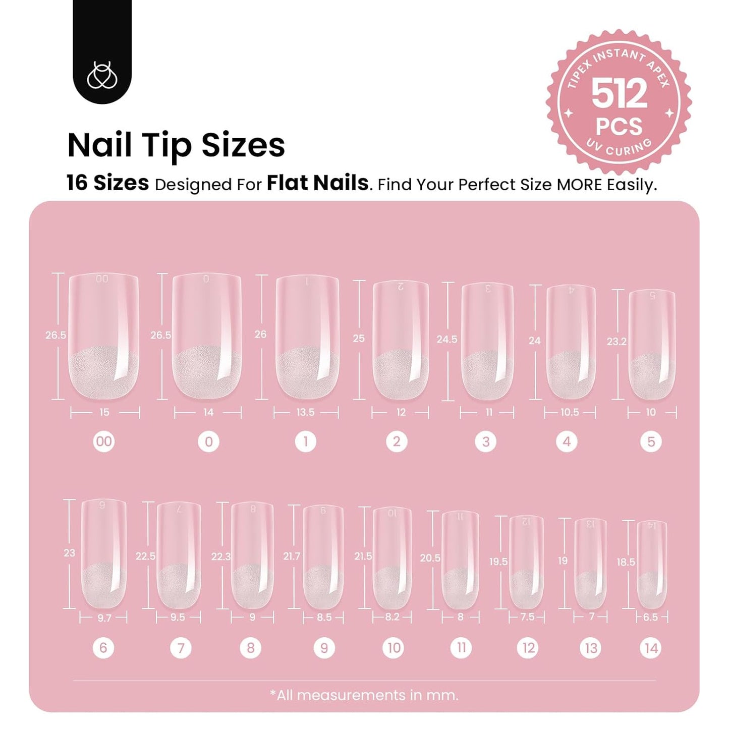 Beetles Instant Apex Nail Tips - Medium Square, 16 Sizes 00-14, 512pcs | Thicker Strong Acrylic for DIY Salon Extensions