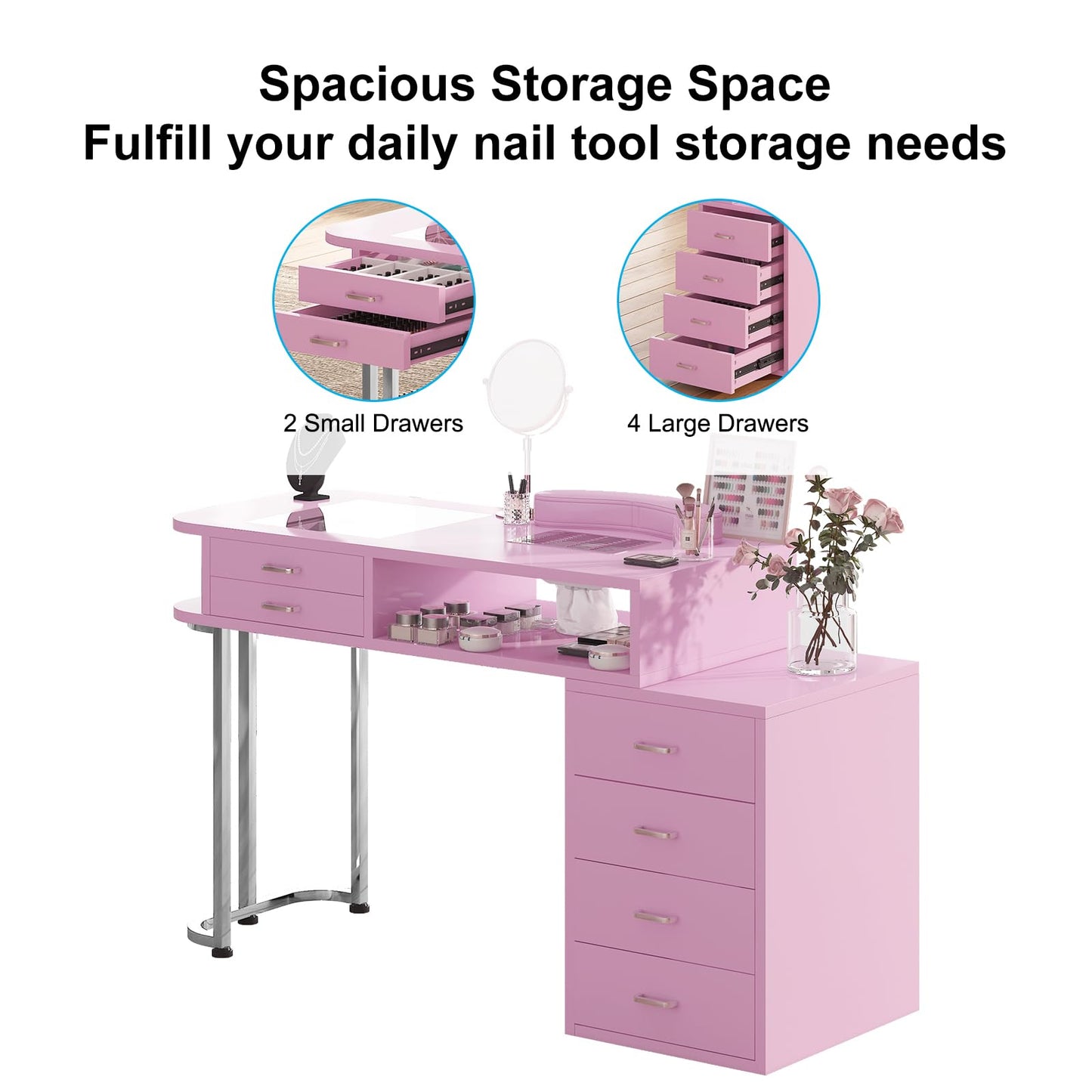 TABU Professional Manicure Table, Large Nail Table for Nail Tech with Pull-Out Drawers& Opening Storage Cabinets, Nail Workstation with Dust Collector, Wrist Cushion, Pink