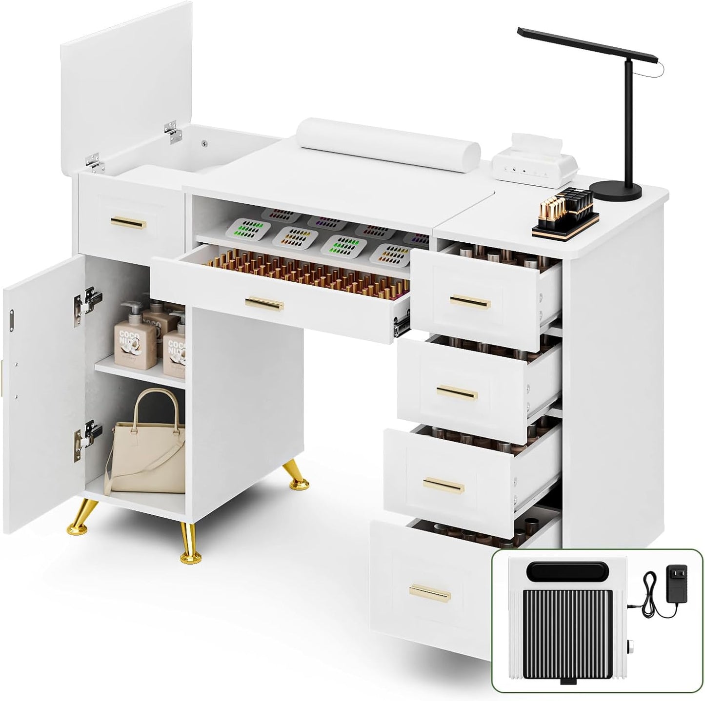 Manicure Table - Nail Tech Desk with Dust Collector & Storage | White Removable Panel Design for Salon or Home Studio