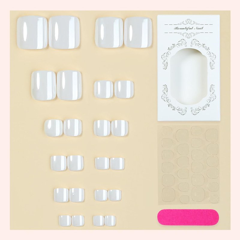 Press On Toenails - White Chrome Short Square Fake Nails | Mirror Gloss Finish, Full Cover, Reusable 24 Pcs