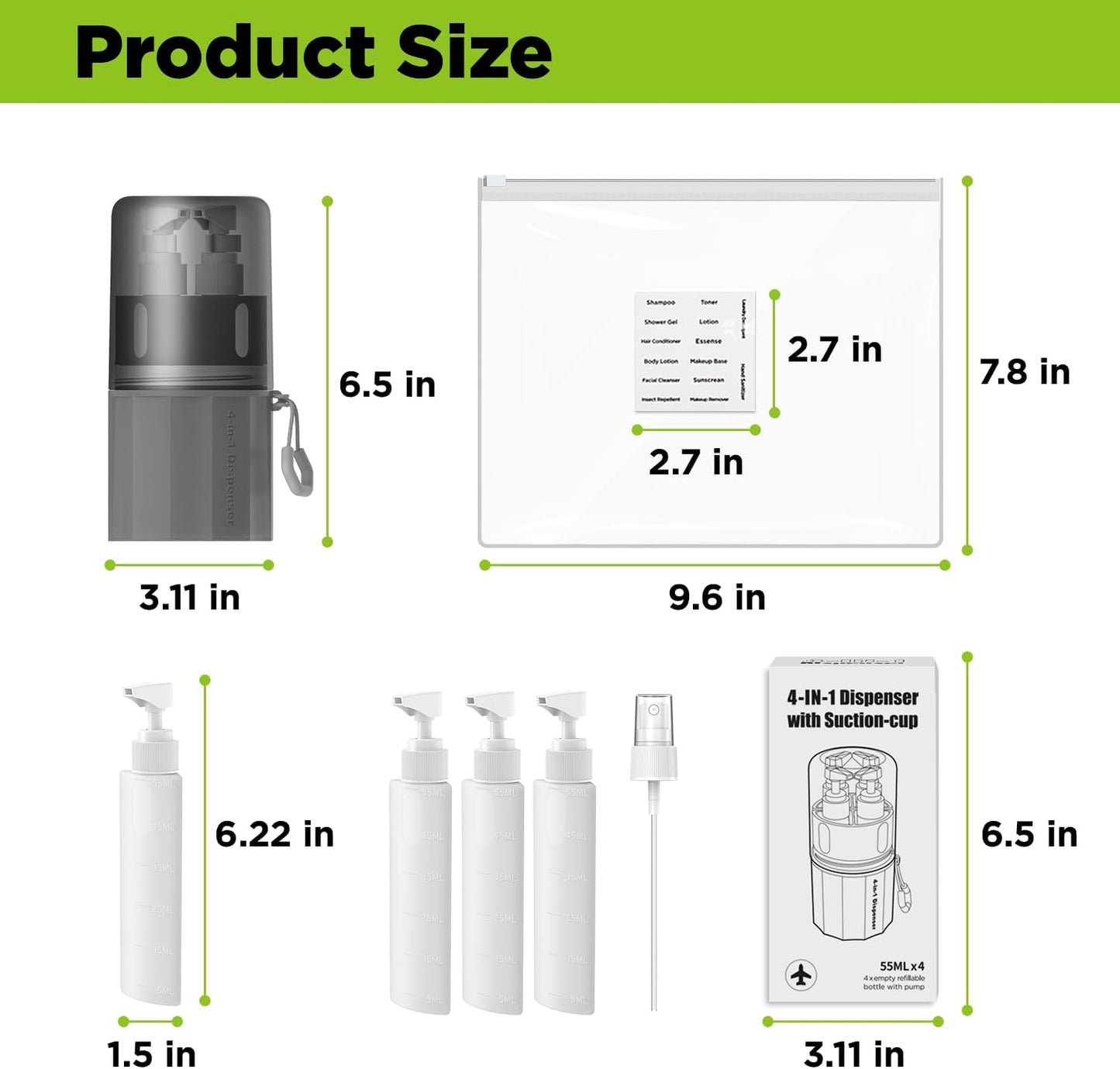 Travel Toiletry Containers - TSA Approved 4-in-1 Refillable Bottles Set with Suction Cup | Grey