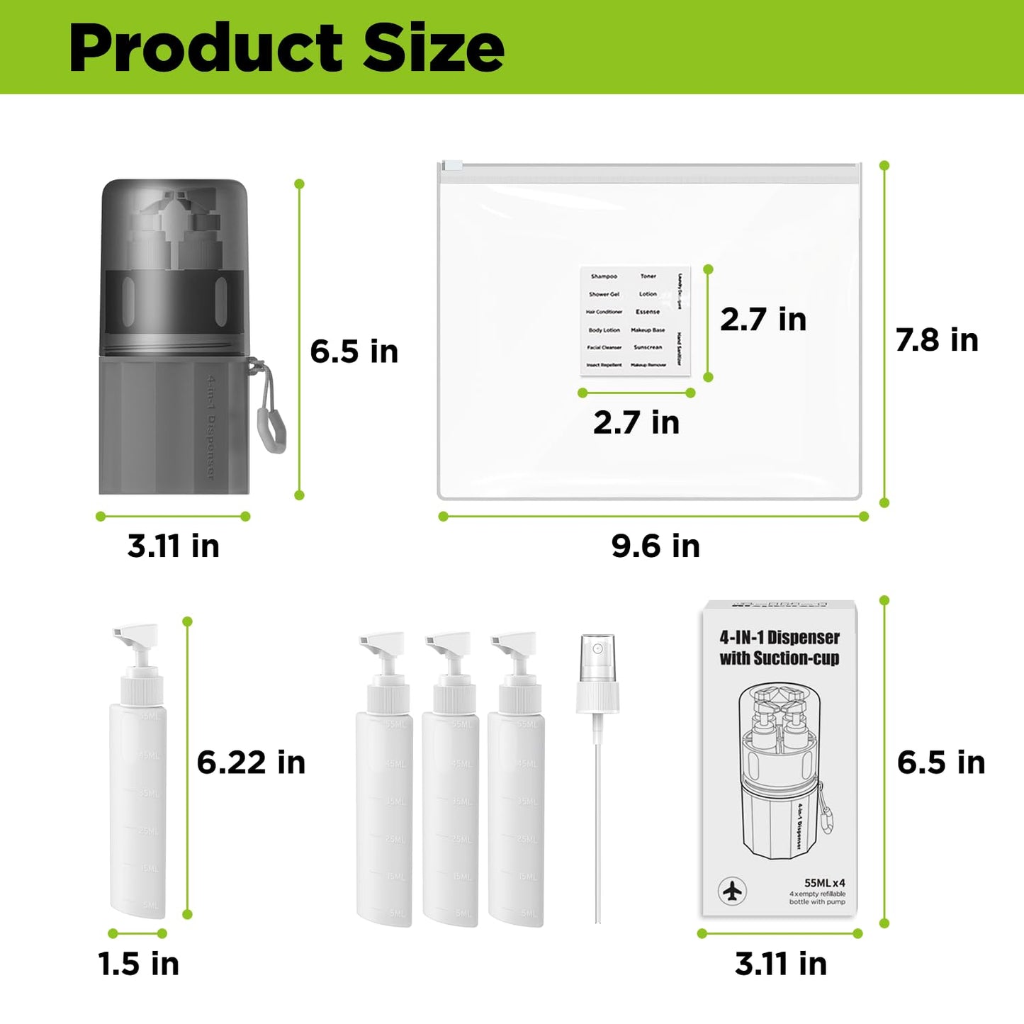AnOis7ter 4 in 1 Travel Dispenser Bottle, TSA Approved Refillable Shampoo and Conditioner Bottles Set with Suction Cup for Smooth Walls, Travel Size Toiletries Container for Body Wash/Lotion.(Grey)