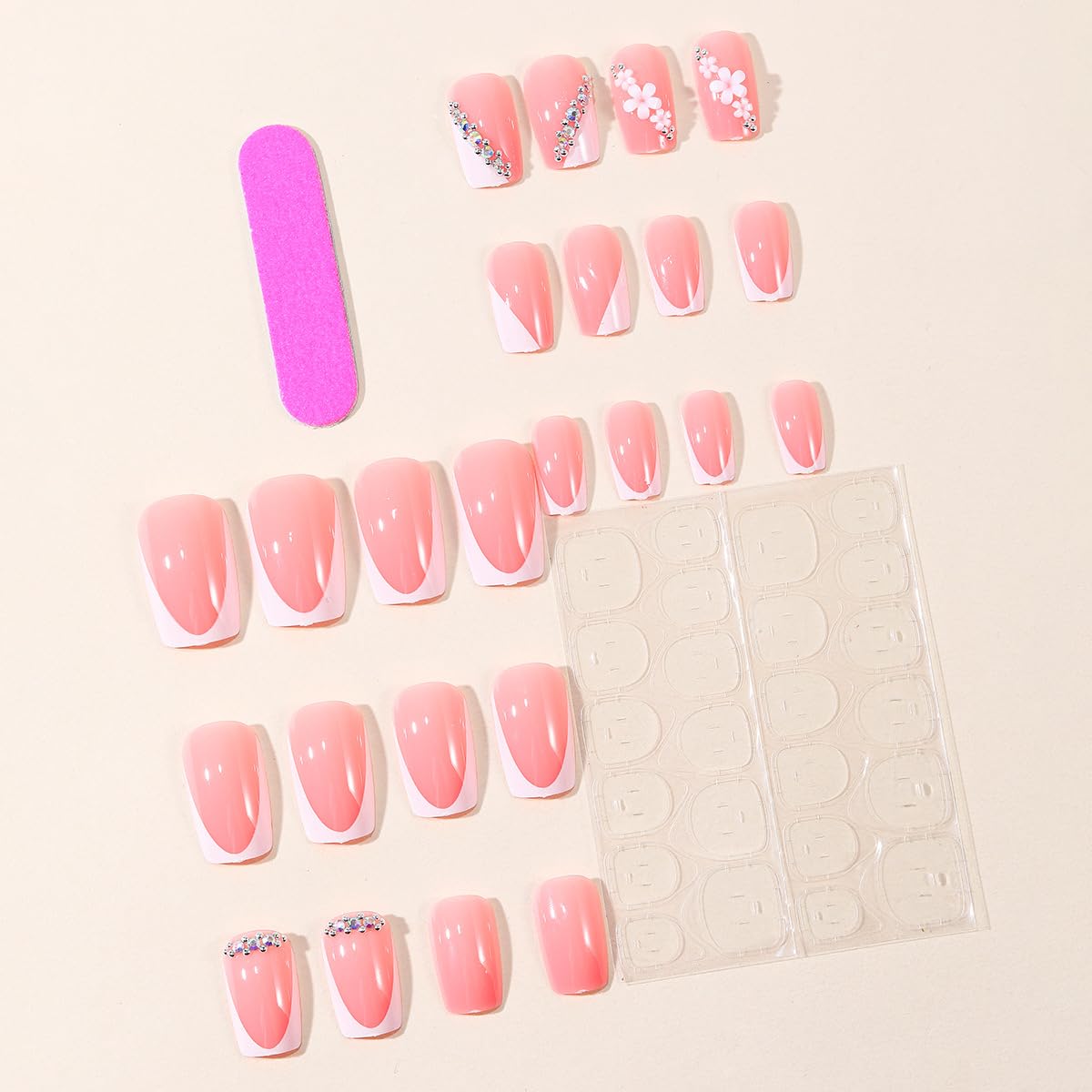 French Tip Press-On Nails - 24 Pcs Short Square Pink with Flower Rhinestones | Irregular Acrylic Full Cover Set for Manicure