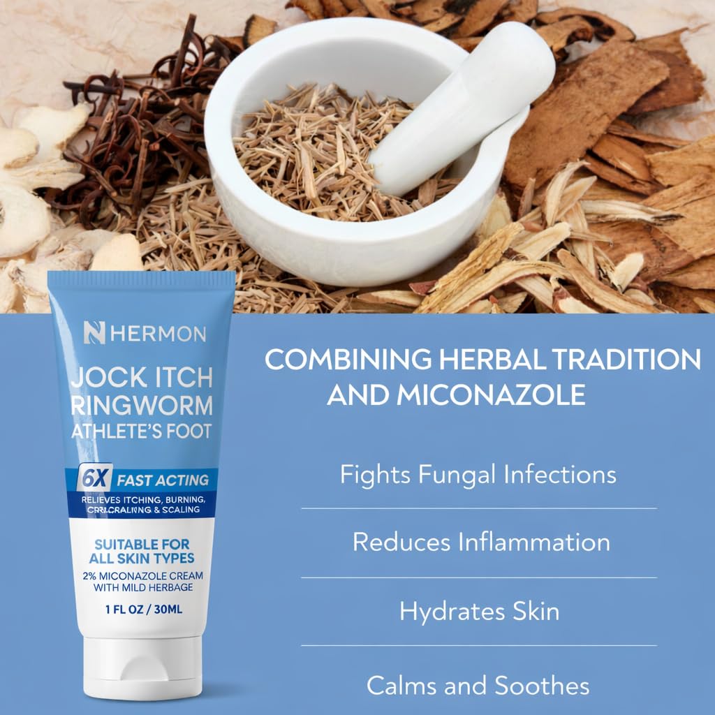Hermon Jock Itch Antifungal Cream, Ringworm Treatment for Humans, Ringworm Cream for Humans, Foot & Body Balm, Provides Soothing Relief-1.05oz