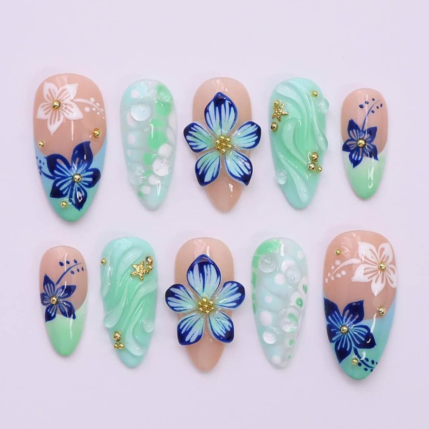 Almond Press-On Nails - 30 Pcs Medium 3D Gold Star Design | Glossy Full Cover Butterfly Acrylics