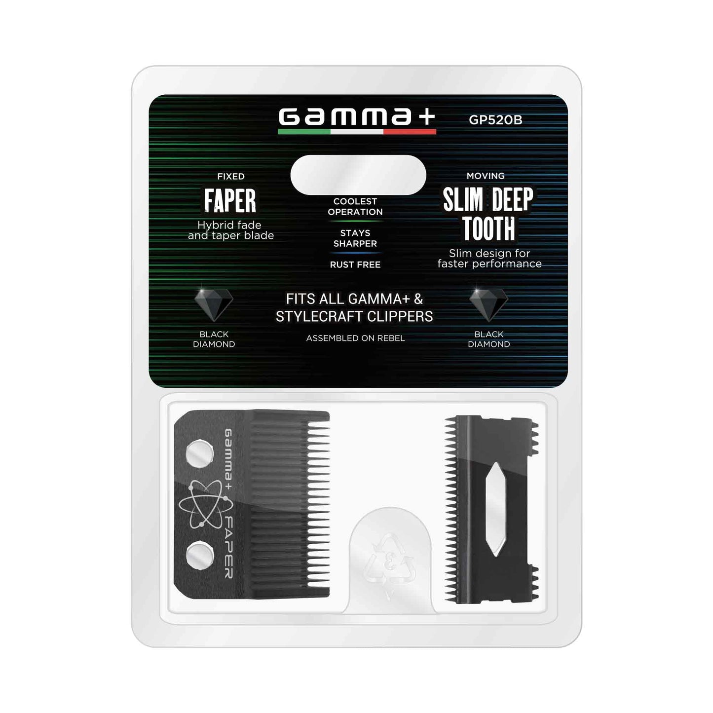 GAMMA+ Replacement Fixed Black Diamond Carbon DLC Faper Hair Clipper Blade with Moving Black Diamond Carbon Slim Tooth Cutter Set