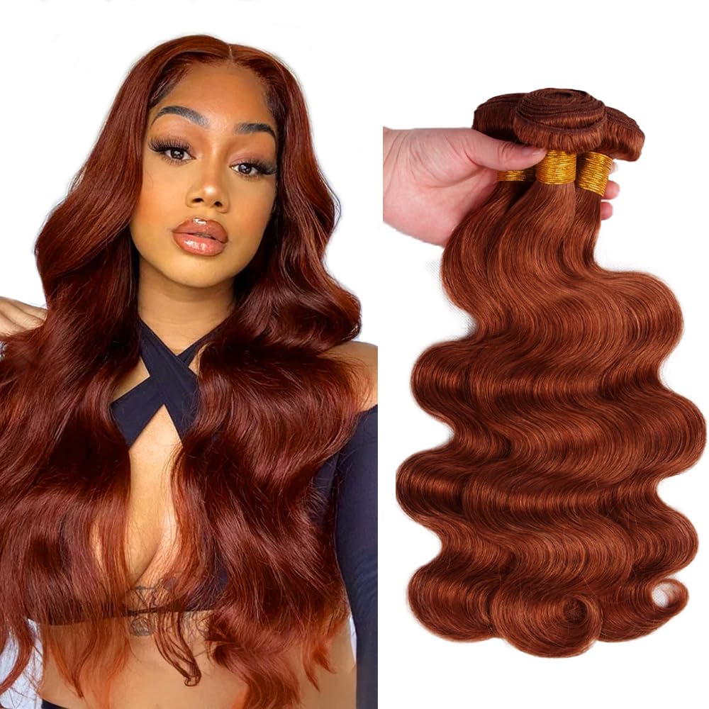 Color 33 Bundles Human Hair Reddish Brown Body Wave Bundle 22 24 26 Inch Huxowax Brazilian Virgin Soft and Silky Remy Hair Extensions Double Weft Auburn Body Wave Bundle 150g