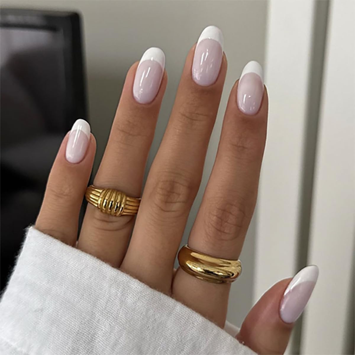 Polka Dot Press-On Nails - Short Almond Nude Chrome | Reusable Full Cover with Glazed Finish & White Dots