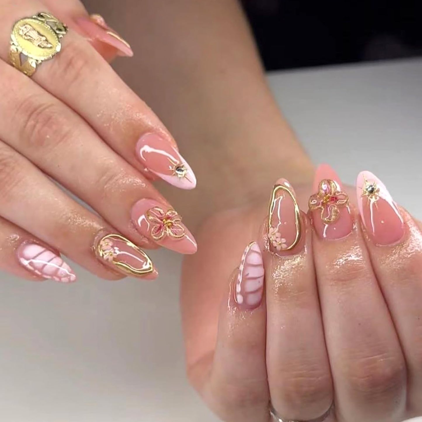 3D Flower Press-On Nails - Medium Square Pink French Tip with Star Rhinestones | Full Cover Artificial Nails for Women