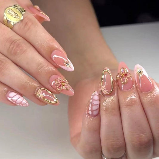 3D Flower Press-On Nails - Medium Square Pink French Tip with Star Rhinestones | Full Cover Artificial Nails for Women
