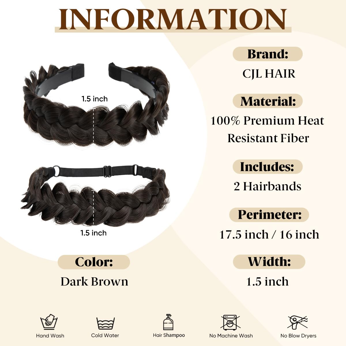 CJL HAIR 2PCs Braided Headbands Hair Piece for Women Synthetic Hair Hoops Head Bands Handmade Braid Hairband Accessories Elastic Stretch Headwrap Dark Brown