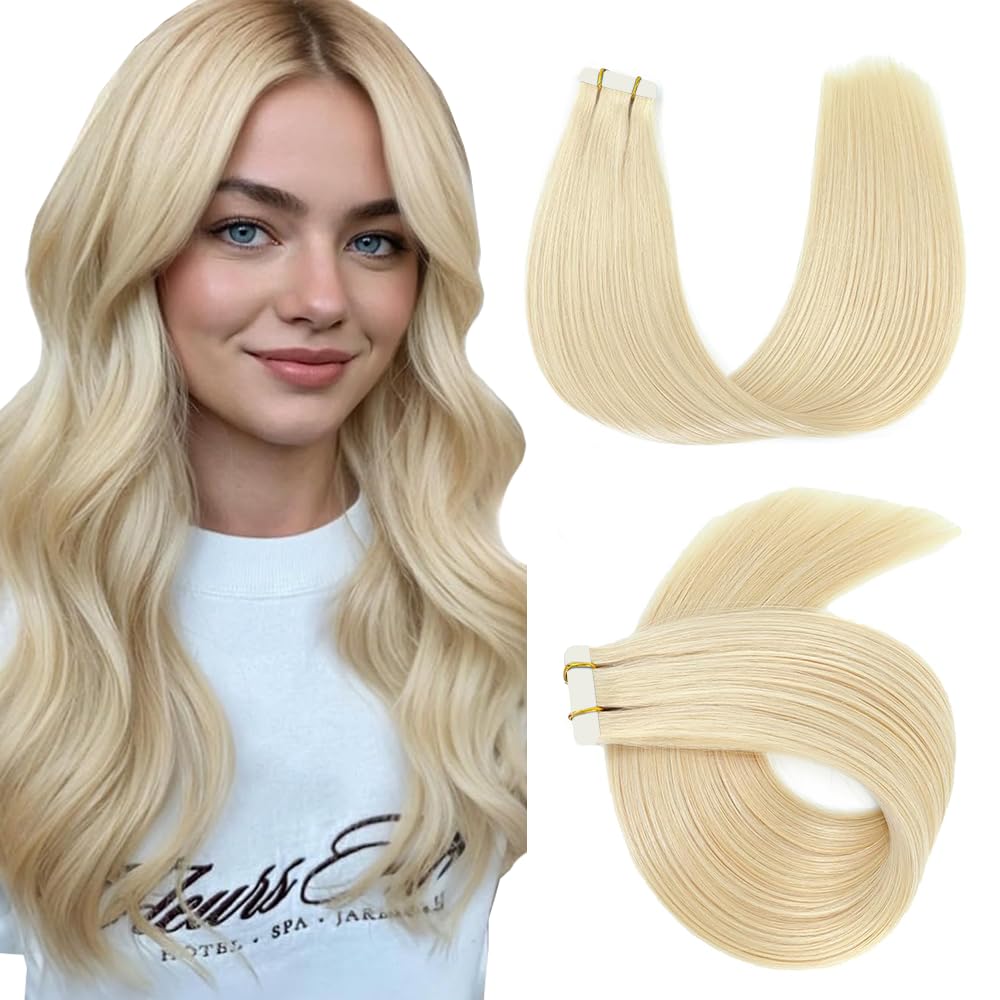 #613 Blonde Tape in Extensions Human Hair 20 Inch 613 Straight Tape in Seamless Extensions Real Human Hair Skin Weft Seamless Invisible Remy Hair 40g 10Pcs.