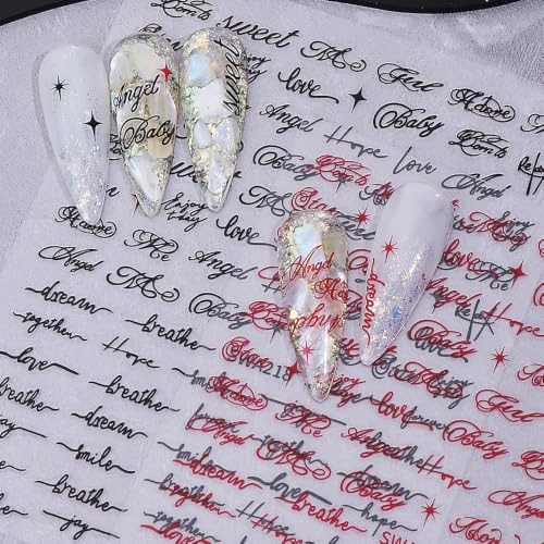 6 Sheets Cursive Letter Nail Stickers - 3D Self-Adhesive Nail Decals