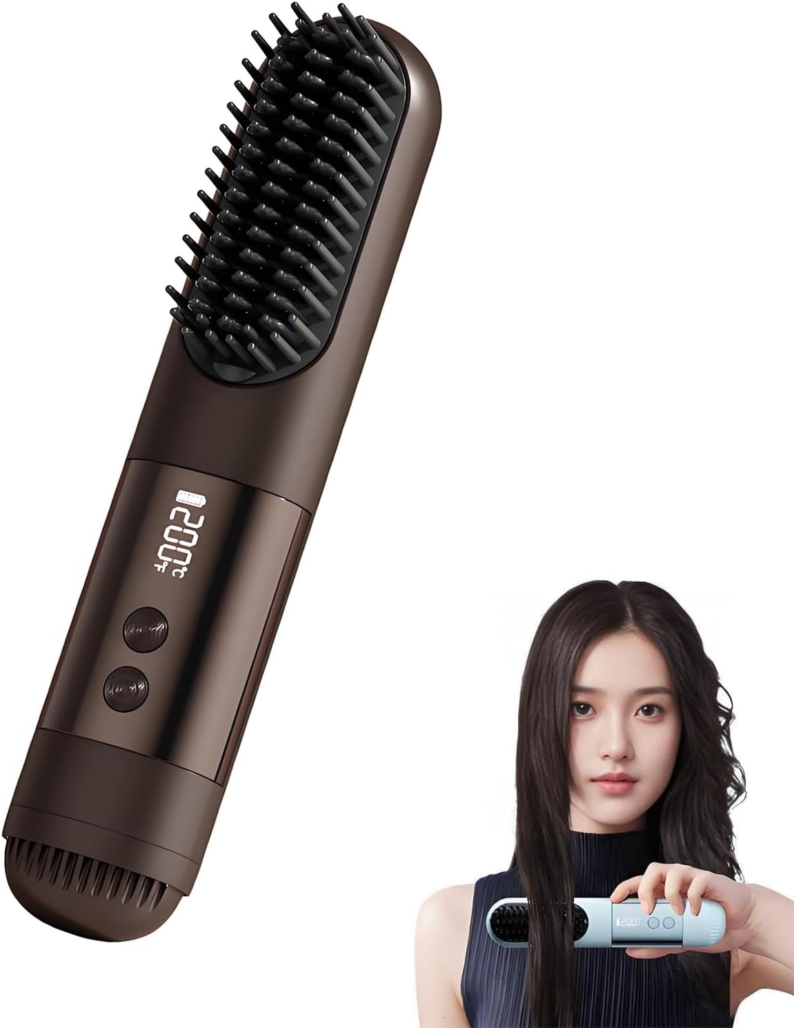 Go Brush Pro - Ionic Ceramic Straightening Brush for Short Hair | 3 Heat Settings, Fast 30s Heat, USB-C Rechargeable (Brown)