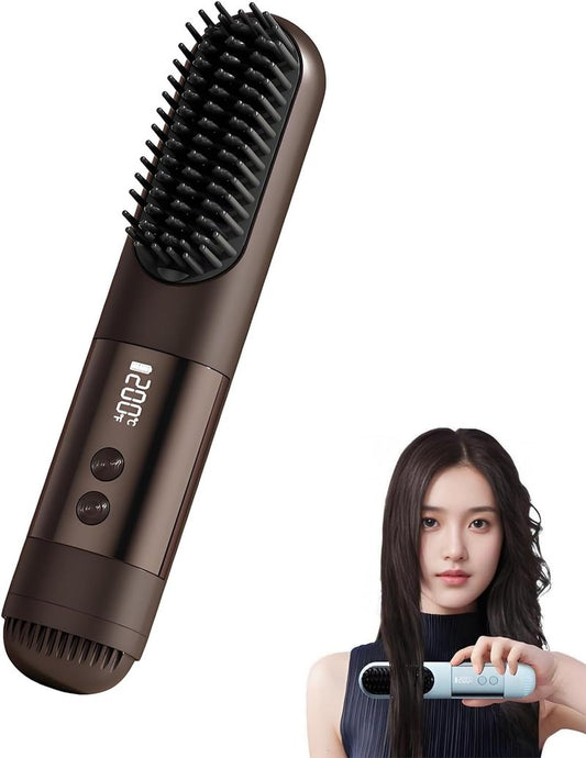 Go Brush Pro - Ionic Ceramic Straightening Brush for Short Hair | 3 Heat Settings, Fast 30s Heat, USB-C Rechargeable (Brown)