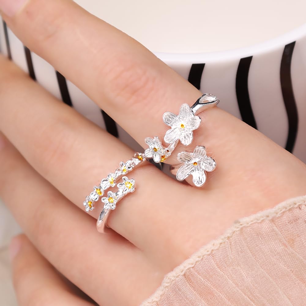 1 Pair Silver Dainty Camellia Flower Ring for Women Sparkling White Ring for Mother Daughter Elegant Wedding Jewelry Open Wrap Finger Band Graduation Gift