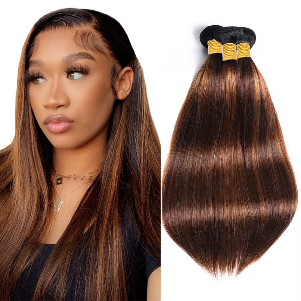 300g P430 Human Hair Bundles Light Brown Straight Bundle 14 16 18 Inch Brazilian Virgin Hair 3 Bundles Color 4 and 30 Bundle Hair Extensions