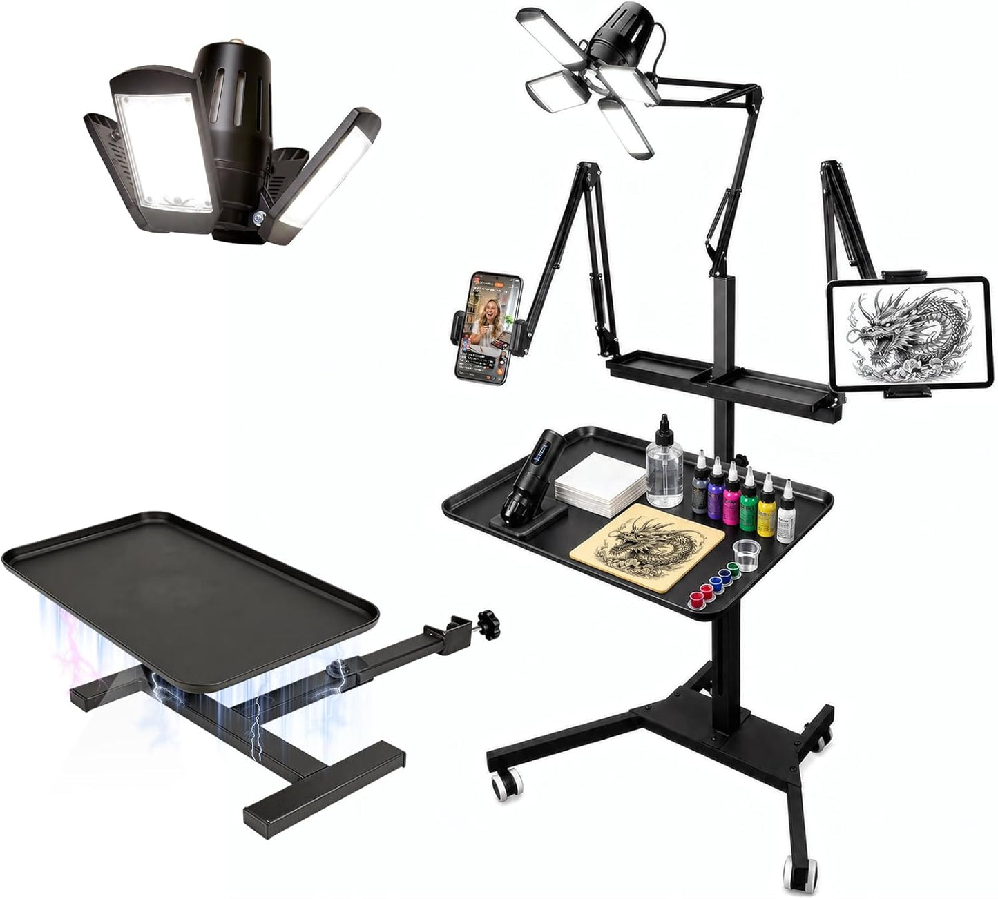 Tattoo Workstation - Multifunctional Tattoo Tray Cart with Light & Wheels | Mobile Phone & Tablet Holder, Magnetic Ink Tray