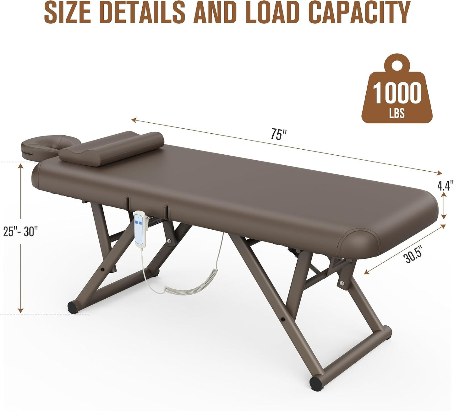 Adjustable Massage Table - Manual Height & Backrest Control, Face Pillow & Headrest | Brown Spa Treatment Bed