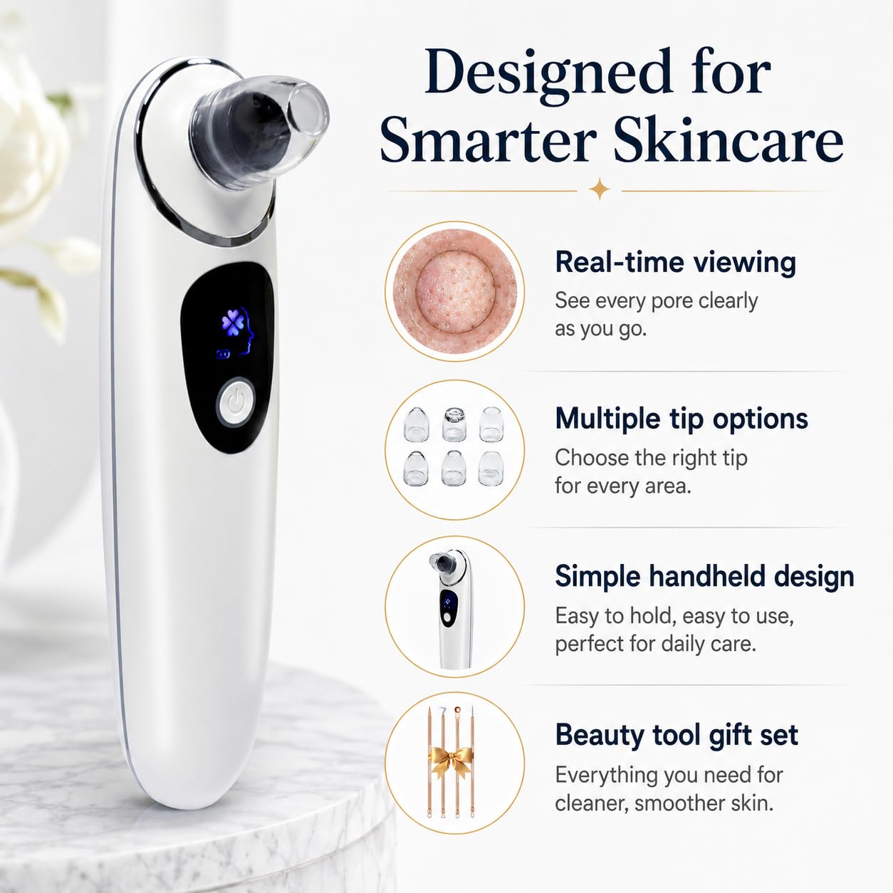 2026 Blackhead Remover with Camera, Pore Vacuum Cleaner with USB, Facial Pore Cleaner for Nose, 6 Suction Heads & 4 Skin Tools, At-Home Skincare Tool for Women & Men-White