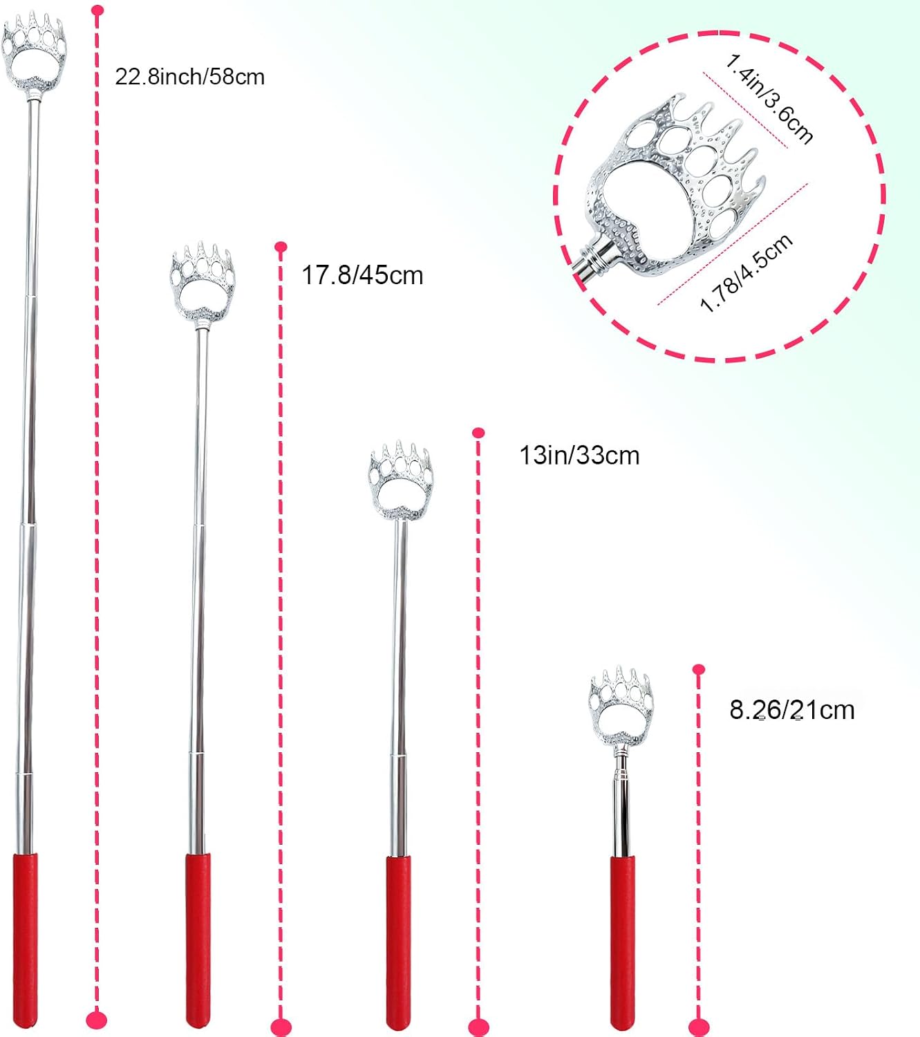 Extendable Metal Bear Claw Back Scratcher - 2 Pcs Set | Perfect for Men, Women, Adults - Red