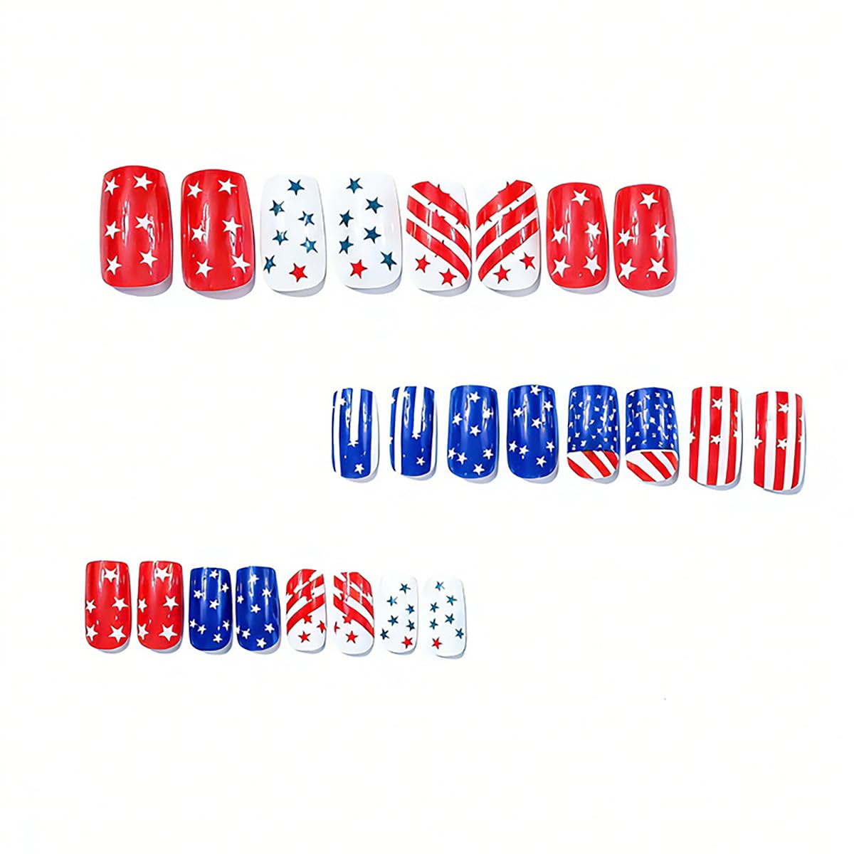 24Pcs 4th of July Press-On Nails - Short Square Acrylic Nails with American Flag Design | Patriotic Red, White & Blue
