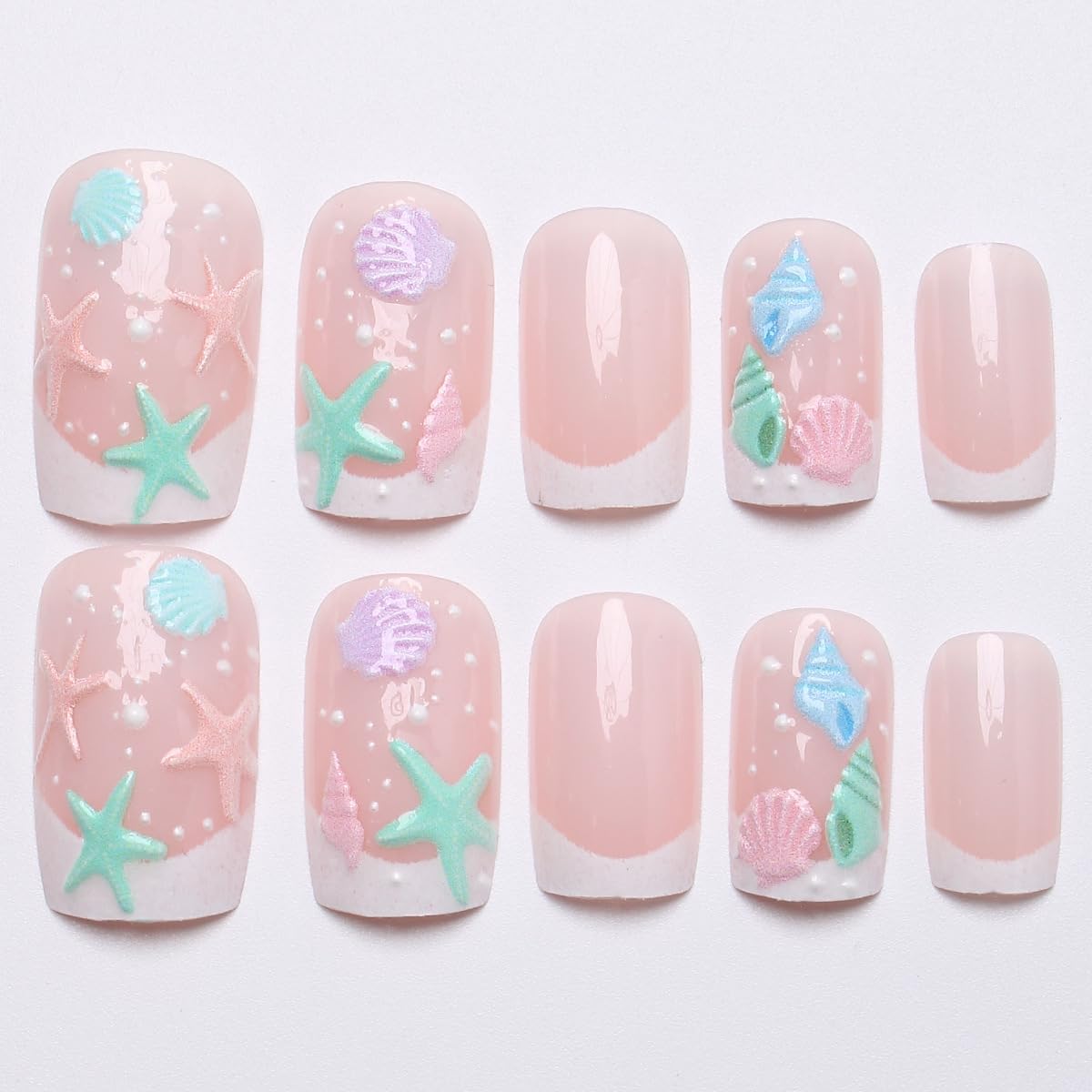 Press On Nails - Short Square Beach Design with Starfish & Shells | 24 Pcs Full Cover Acrylic Fingernails for Women