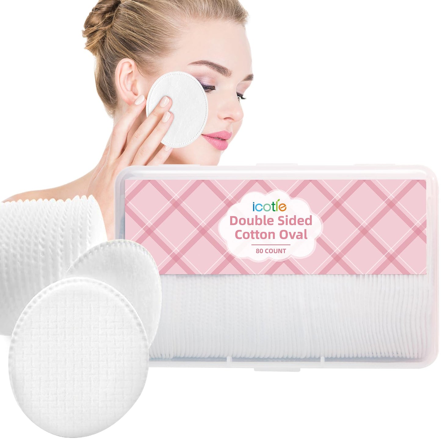 ICOTLE Large Oval Cotton Pads, 80 Count, Multi-Layer, Lint-Free, Dual-Sided, Ultra-Soft Cotton Oval Pads for Makeup Removal, Cleansing, and Toner Application