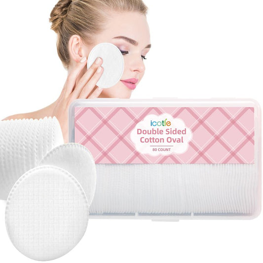 ICOTLE Large Oval Cotton Pads, 80 Count, Multi-Layer, Lint-Free, Dual-Sided, Ultra-Soft Cotton Oval Pads for Makeup Removal, Cleansing, and Toner Application