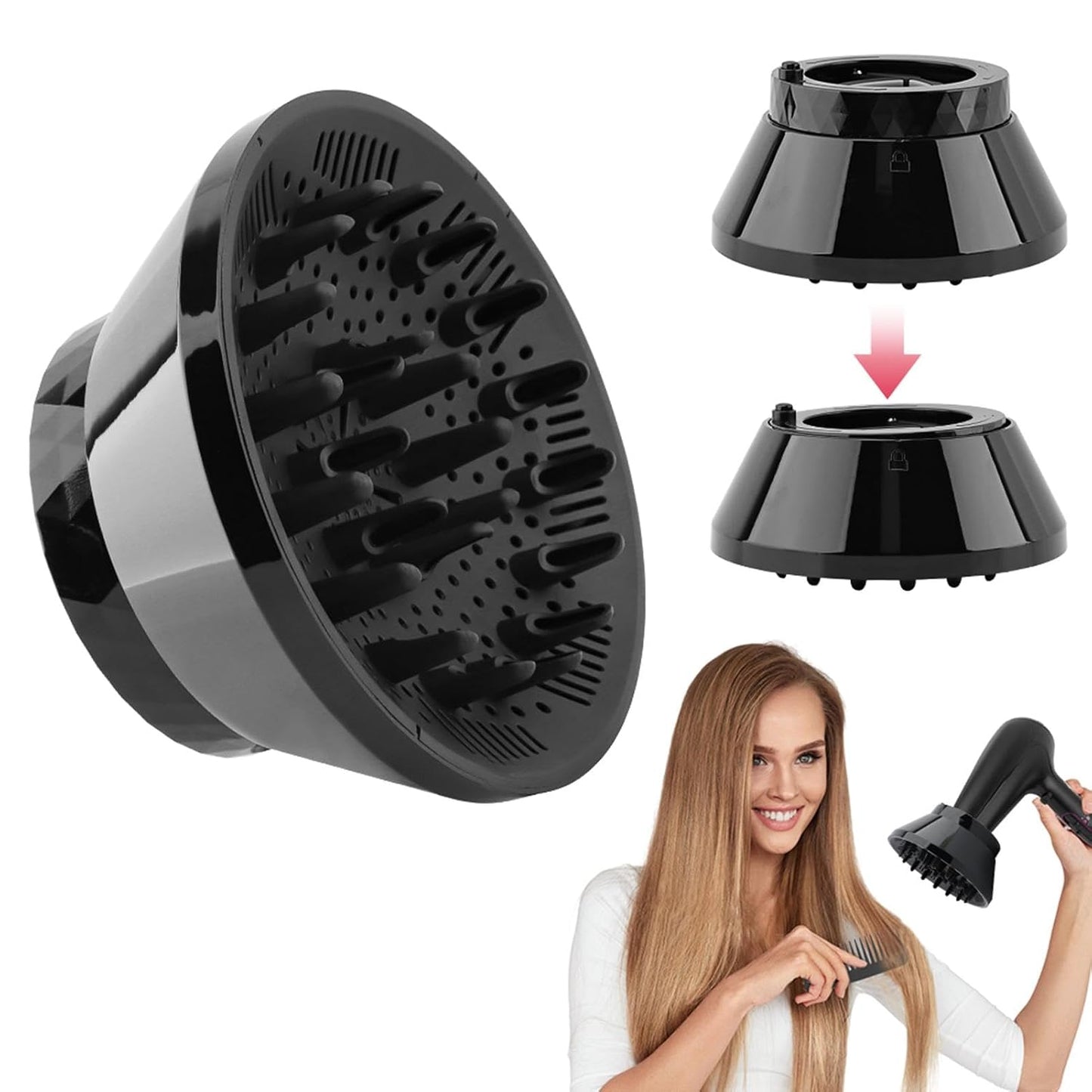 Hair Dryer Diffuser Attachment for Curly & Wavy Hair - Adjustable 1.4 to 3.2 Inch | Black