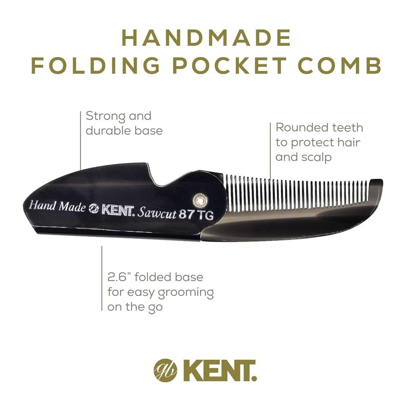 Kent 87T TW Handmade Folding Pocket Comb for Men, Fine Tooth Hair Comb Straightener for Everyday Grooming Styling Hair, Beard or Mustache, Use Dry or with Balms, Saw Cut Hand Polished, Made in England