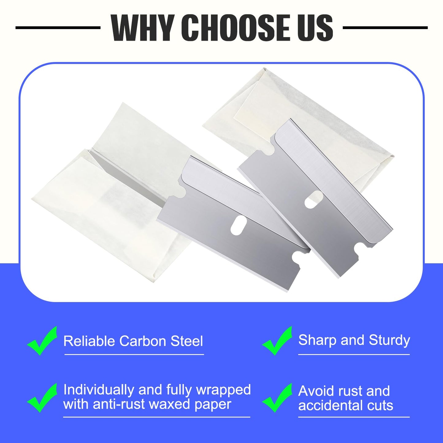Lasnten 500 Pack Single Edge Razor Blades High Carbon Steel Individually Wrapped 1.5" x 0.75" Replacement Scraper Blades for Removing Paint Labels Stickers & Decals