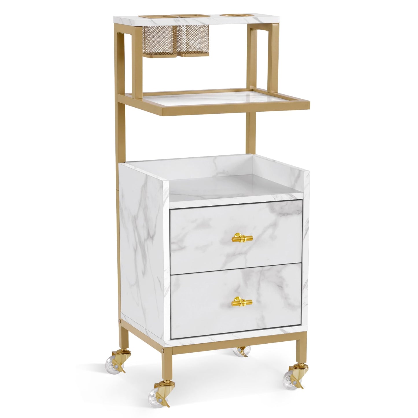 BarberPub Rolling Salon Cart with Storage Drawers, Barber Trolley with Metal Tool Holder & Basket, Beauty Salon Equipment for Hair Stylist 2084 (White Medium Size)