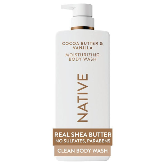Native Cocoa Butter & Vanilla Scent 24-Hour Moisturizing Bodywash for Women & Men, Clean & Gentle, for Dry or Sensitive Skin, Keeps Skin Healthy & Smooth, Free of Sulfates, Cruelty-Free, 22 oz
