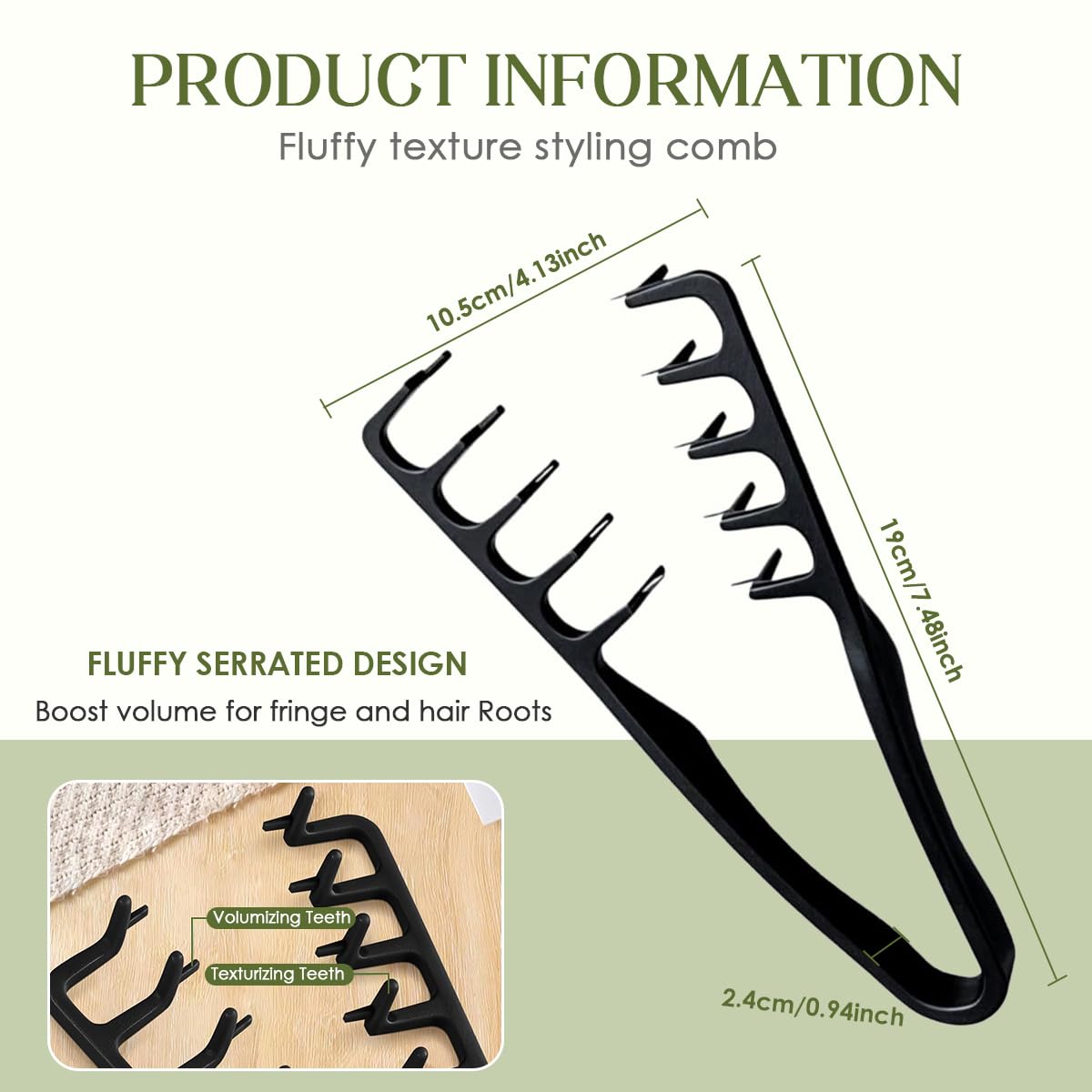 Texture Comb, Voluminous Wide-Tooth Hair Comb for Maximum Root Lift, Dual Wide & Fine Tooth Texturizing Styling Comb, Non-Slip ABS Plastic Barber Tool for Men–Black